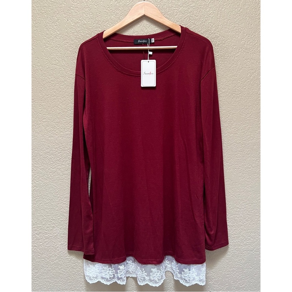 Sanifer Burgundy White Lace Women’s Long Sleeve Tunic Shirt- Size 2XL